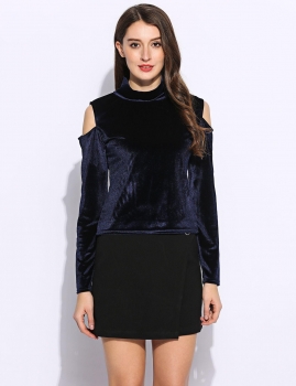 

Dark blue Pleuche Cold Shoulder Turtle Neck Solid Long Sleeve Pullover Top, Multicolor