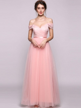 

Pink A-Line"Princess Ruffled Spaghetti Strap Tulle Bridesmaid Dress, Multicolor