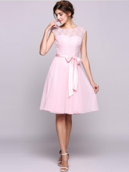 

Women A-Line"Princess Scoop Neck Knee-Length Chiffon Lace Bridesmaid Dress With Bows, Multicolor
