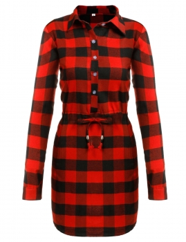 

Women Long Sleeve Single-Breasted Turn-down Collar Tunic Drawstring Plaid Shirt Dress, Multicolor