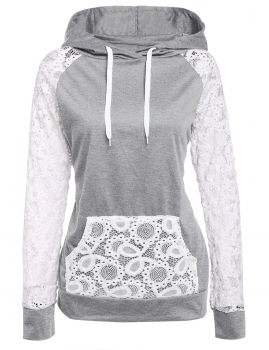 

Sheer Lace Sleeve Hooded Pullover Sweatshirt Hoodie With Pockets, Multicolor