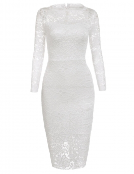 

White Lace 3"4 Sleeve Round Collar Sexy Package Hip Party Dress, Multicolor
