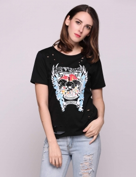 

Black Punk Printed Hollow Out Short Sleeve Pullover T-Shirt, Multicolor