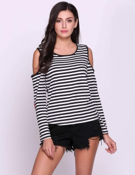 

Black Cold Shoulder Heart Patchwork Sleeve Stripe High Low Hem, Multicolor