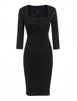 

Black 3"4 Sleeve Square Collar Solid Split Hem Pencil Work Dress, Multicolor