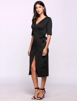 

Women Half Sleeve V Neck Split Solid Slim Wrap Work Dress, Multicolor