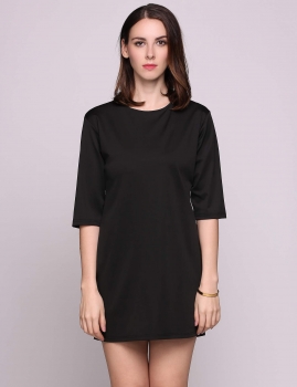 

Black Half Sleeve Round Collar Back Button Solid Straight Going Out Dress, Multicolor