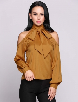 

Cold Shoulder Long Sleeve Solid Bow Pullover Casual Top, Multicolor