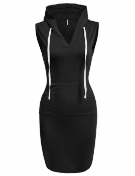 

Black Sleeveless Hooded Hoodie Sexy V Neck Casual Dress, Multicolor