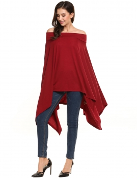 

Slash Neck Irregular Hem Batwing Sleeve Solid Loose Pullover Top, Multicolor