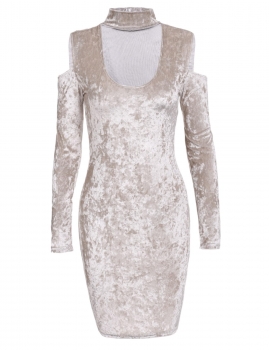 

Apricot Velvet Long Sleeve Halter Collar Vintage Styles Pencil Going Out Dress, Multicolor