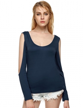 

Blue Cold Shoulder Long Sleeve Hollow Back Slim Solid Pullover Top, Multicolor