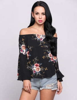 

Black Floral Print Off the Shoulder Slash Neck Bell Sleeve Pullover Top, Multicolor