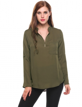 

Army green Circular Arc Hem Chiffon V-Neck Long Sleeve Solid Pullover Blouse, Multicolor