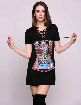 

Short Sleeve V Neck Print Dot Lace Up Sexy T-Shirt Going Out Dress, Multicolor