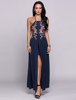 

Blue Sleeveless Halter Collar Embroidery Split Hem Maxi Sexy Going Out Dress, Multicolor