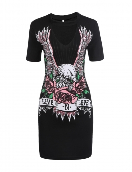 

Black Short Sleeve Print Choker Neck Pullover Slim Mini T-Shirt Dress, Multicolor