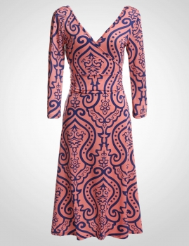 

Red Plunge Neck 3"4 Sleeve Print Beach Casual Dress, Multicolor
