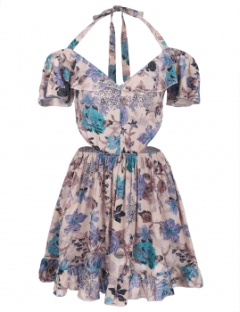 

Blue Halter Print Ruffles Skater Casual Dress, Multicolor