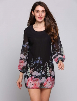 

Chiffon Long Puff Sleeve O Neck Floral Patchwork Straight Casual Dress, Multicolor
