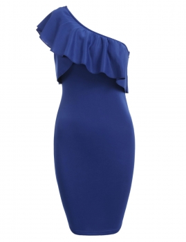 

Blue One Shoulder Sleeveless Ruffles Vintage Solid Pencil Going Out Dress, Multicolor