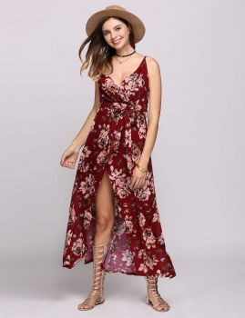 

Sleeveless Spaghetti Strap Boho Styles Print Split Hem Belted Casual Dress, Multicolor
