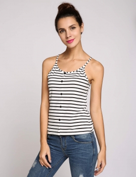 

White Buttoned Stripes Contrast Color Spaghetti Strap Camisole, Multicolor