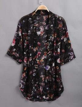 

Black 3"4 Sleeves Floral Printed Long Chiffon Kimono, Multicolor
