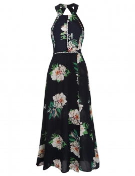 

Dark blue Sleeveless Print Square Neck Summer Beach Maxi Going Out Dress, Multicolor