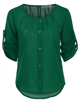 

Green Solid Crew Neck 3"4 Sleeve Loose Buttoned Blouses, Multicolor