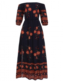 

Dark blue Half Sleeve Print Slash Neck Pullover Off Shoulder Split Maxi Dress, Multicolor