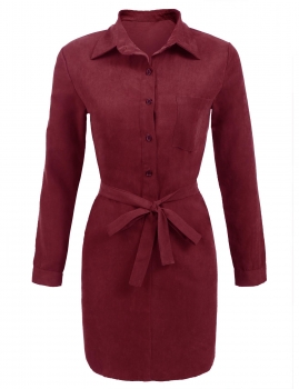 

Wine red Long Sleeve Bandage Solid Button Down Collar Shirt Dress, Multicolor