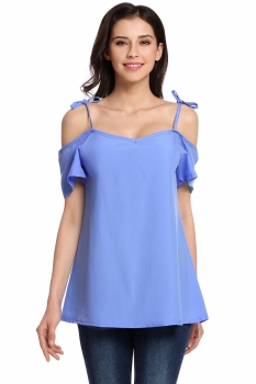 

Blue Solid Spaghetti Strap Short Sleeve Loose Tops, Multicolor