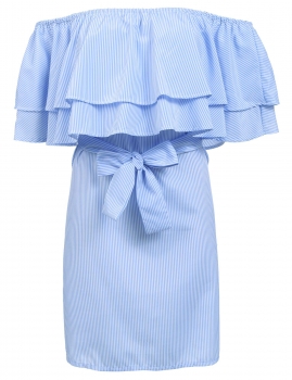 

Blue Ruffle Slash Neck Off the Shoulder Short Sleeve Striped Dress with Belt, Multicolor