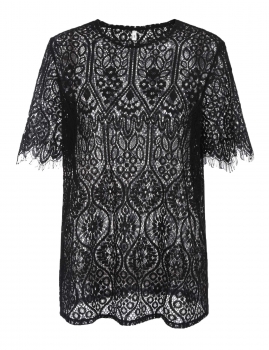 

Black Solid Loose Pullover Lace Cotton Short Sleeve O Neck T-Shirt, Multicolor