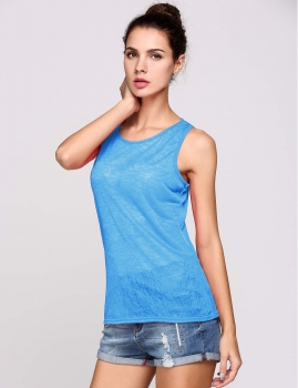 

Blue Back Holes Sleeveless O Neck Solid Slim Pullover Vest Tank Top, Multicolor