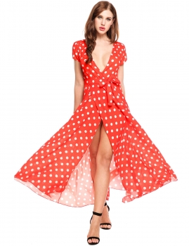 

Red Short Sleeve Dot V Neck Pullover Cocktail Beach Maxi Dress, Multicolor