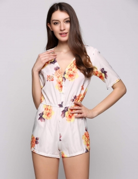 

Short Sleeves Deep V-Neck Fitness Printed Rompers, Multicolor