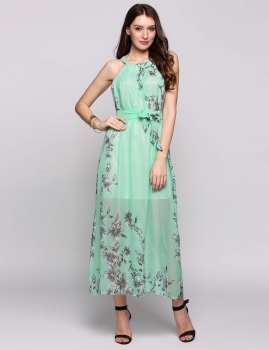 

Pale Green Chiffon Sleeveless Halter Collar Belted Print Casual Dress With Lining, Multicolor