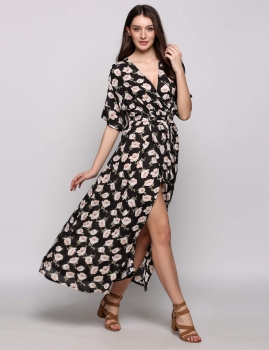 

Black Plunge Collar Boho Styles Belted Print Split Dress, Multicolor