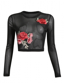 

Black Sheer Mesh Floral Embroidery Sexy Long Sleeve Crop Top, Multicolor