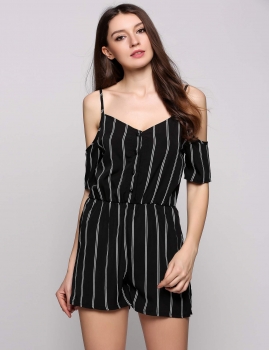 

Stripes Cold Shoulder Spaghetti Strap Short Sleeves Rompers, Multicolor