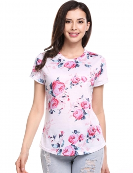 

White Floral Print Short Sleeve O Neck Loose Pullover T-Shirt, Multicolor