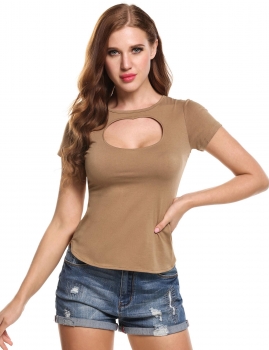 

Khaki Asymmetrical Short Sleeve O Neck Solid Slim Pullover T-Shirt, Multicolor