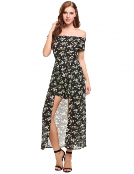 

Off the Shoulder Short Sleeve Empire Floral Rompers, Multicolor