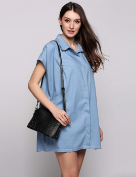 

Short Sleeve Turn down Collar Solid Loose Shirt Casual Dress, Multicolor