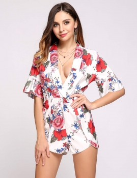 

Deep V-Neck Bell Short Sleeve Floral Pattern Rompers, Multicolor