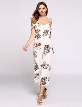 

Spaghetti Strap Floral Cold Shoulder Wide Leg Pants Jumpsuits, Multicolor