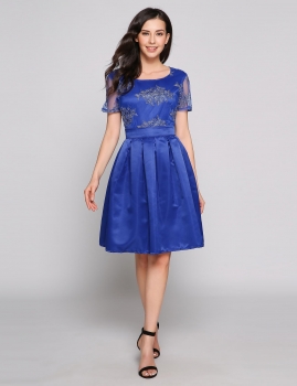 

Blue O-Neck Short Sleeve A-Line Dress, Multicolor