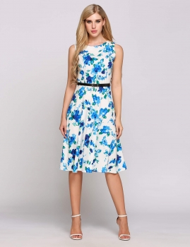 

Blue Sleeveless Vintage Styles Belted Print Swing Dress, Multicolor
